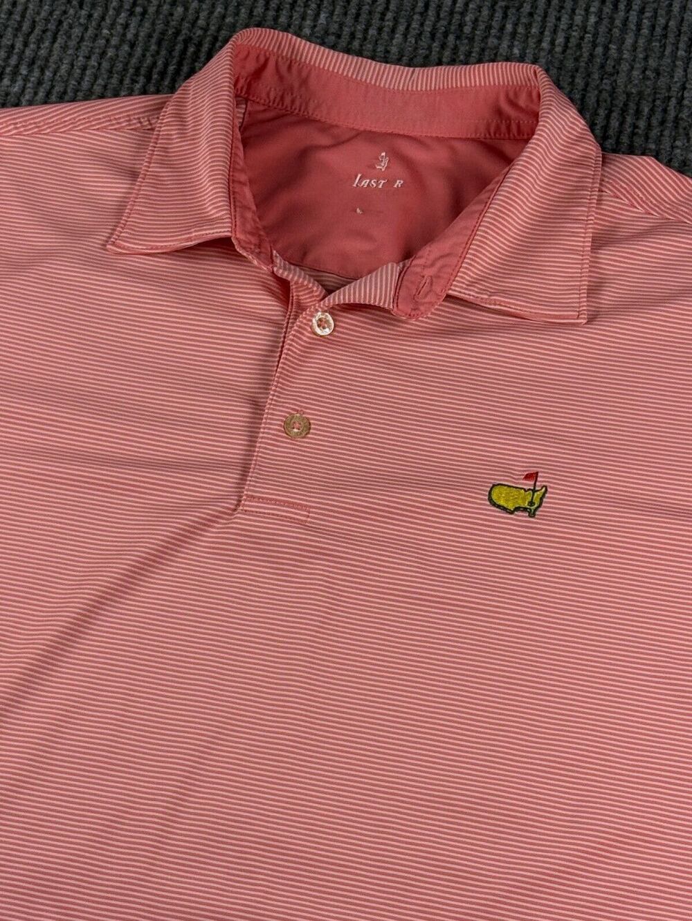 Masters Tech Performance Golf Polo Mens L Augusta Logo Pink White Stripe Stretch